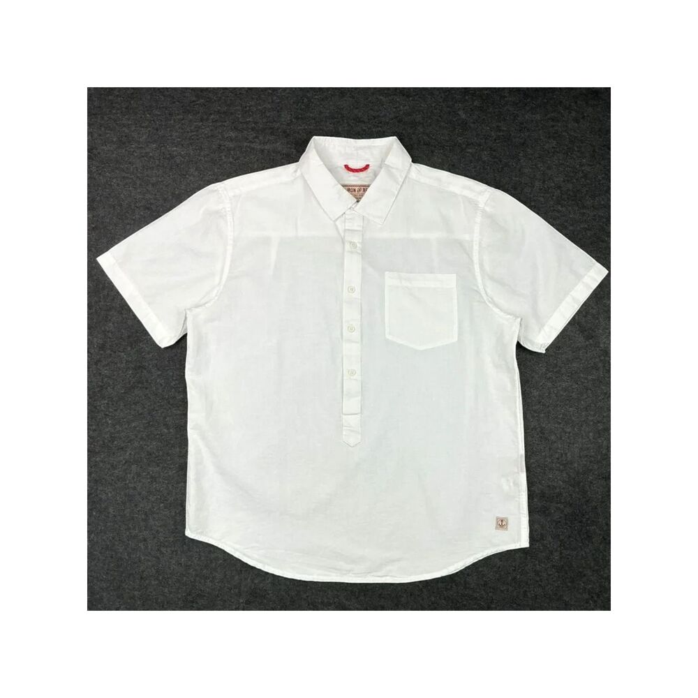Iron and Resin Mens Hemp Cotton Shirt Size L White Short Sleeve Button Up Pocket